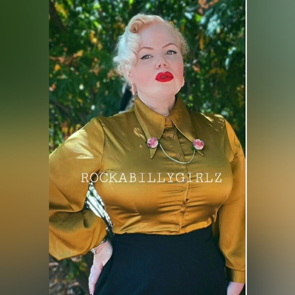 Tatyana 1940's Willow Chartreuse Satin Blouse Pinup Bishop Sleeves Arrow Collar - Picture 4 of 12